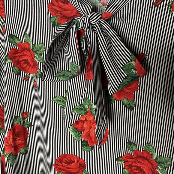 Retrolicious Blouse Womens M Rose Print Black White Stripe Tie Neck Secretary - Picture 3 of 8